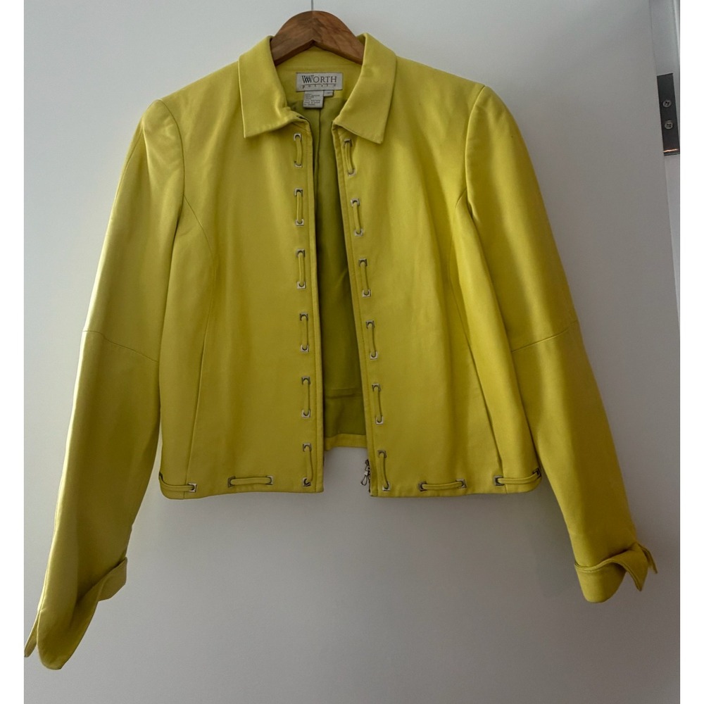 Worth Petite Women Yellow Genuine Leather Jacket Zip Front Silver Hardware 12P